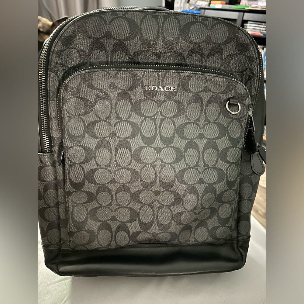 Coach Black and Gray Signature Backpack with Monogram Design